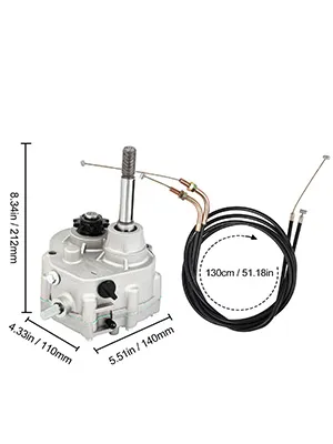 Caja de cambios para kart VEVOR con dimensiones de cable que se muestran como referencia.