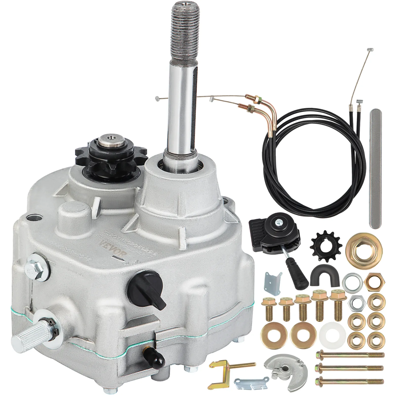 Caja de cambios para kart VEVOR con cables y accesorios de hardware variados.