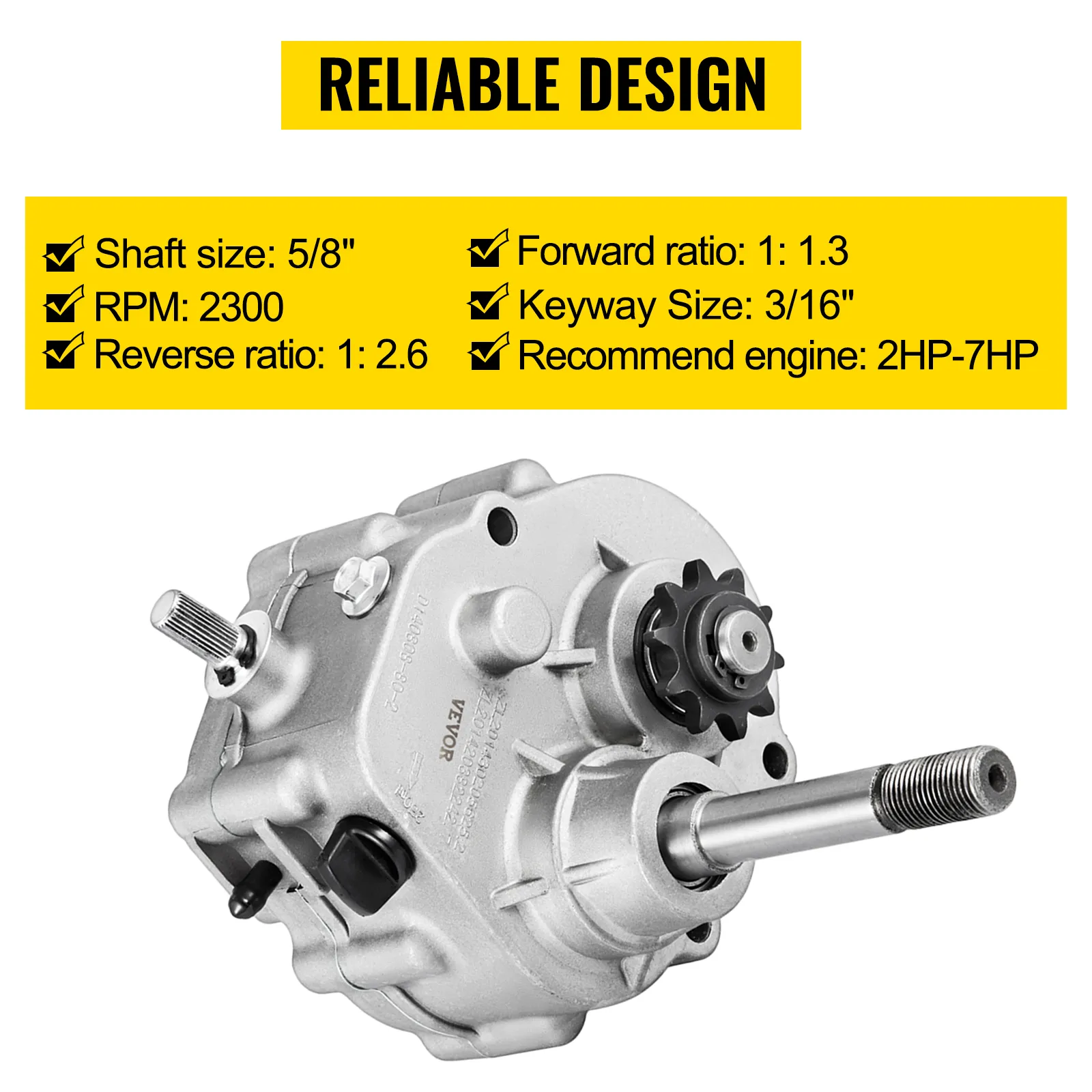 Caja de cambios para kart VEVOR con diseño robusto, eje de 5/8", 2300 rpm y relación de marcha atrás de 1:2,6.