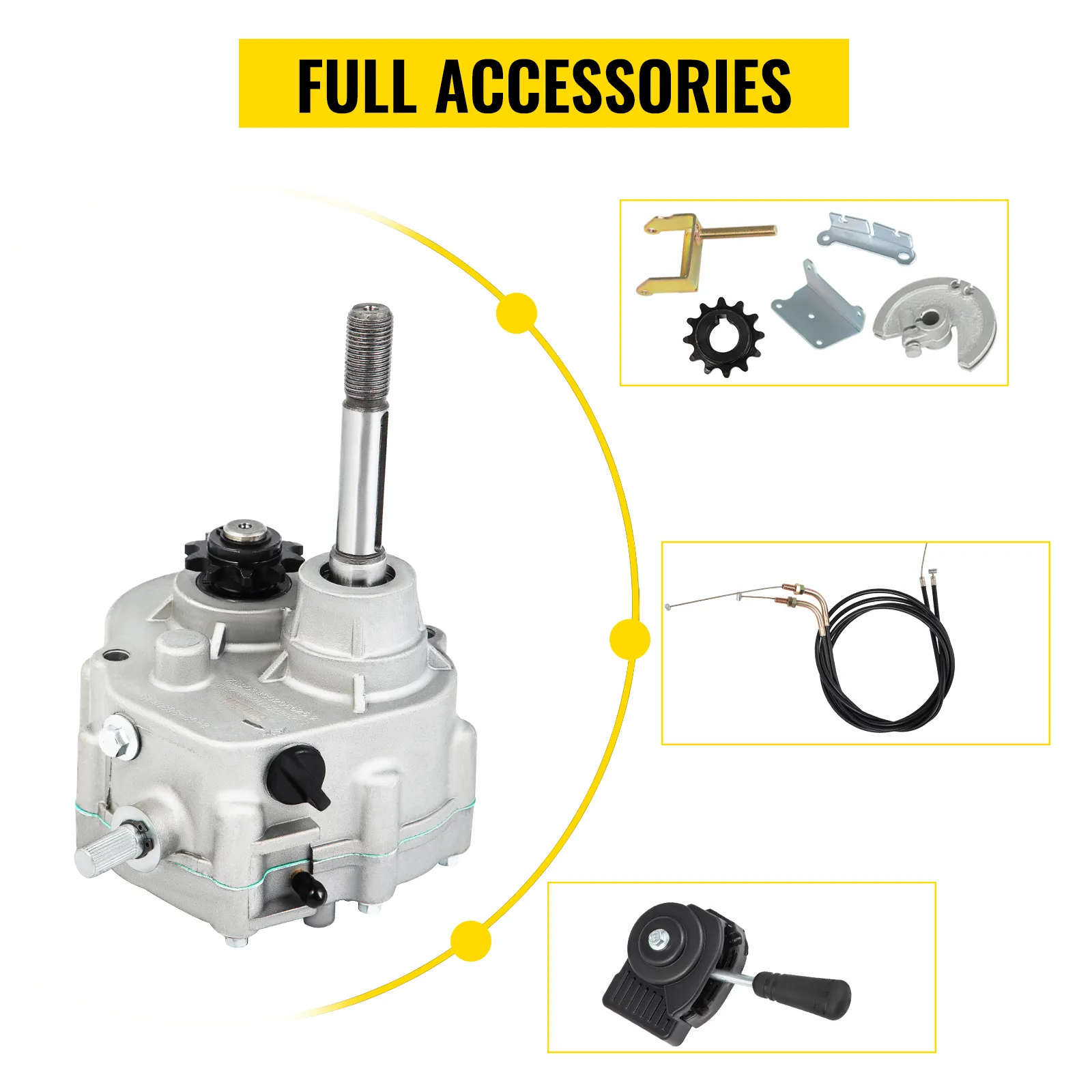 Caja de cambios para kart VEVOR con accesorios que incluyen cable, piñones y piezas de montaje.