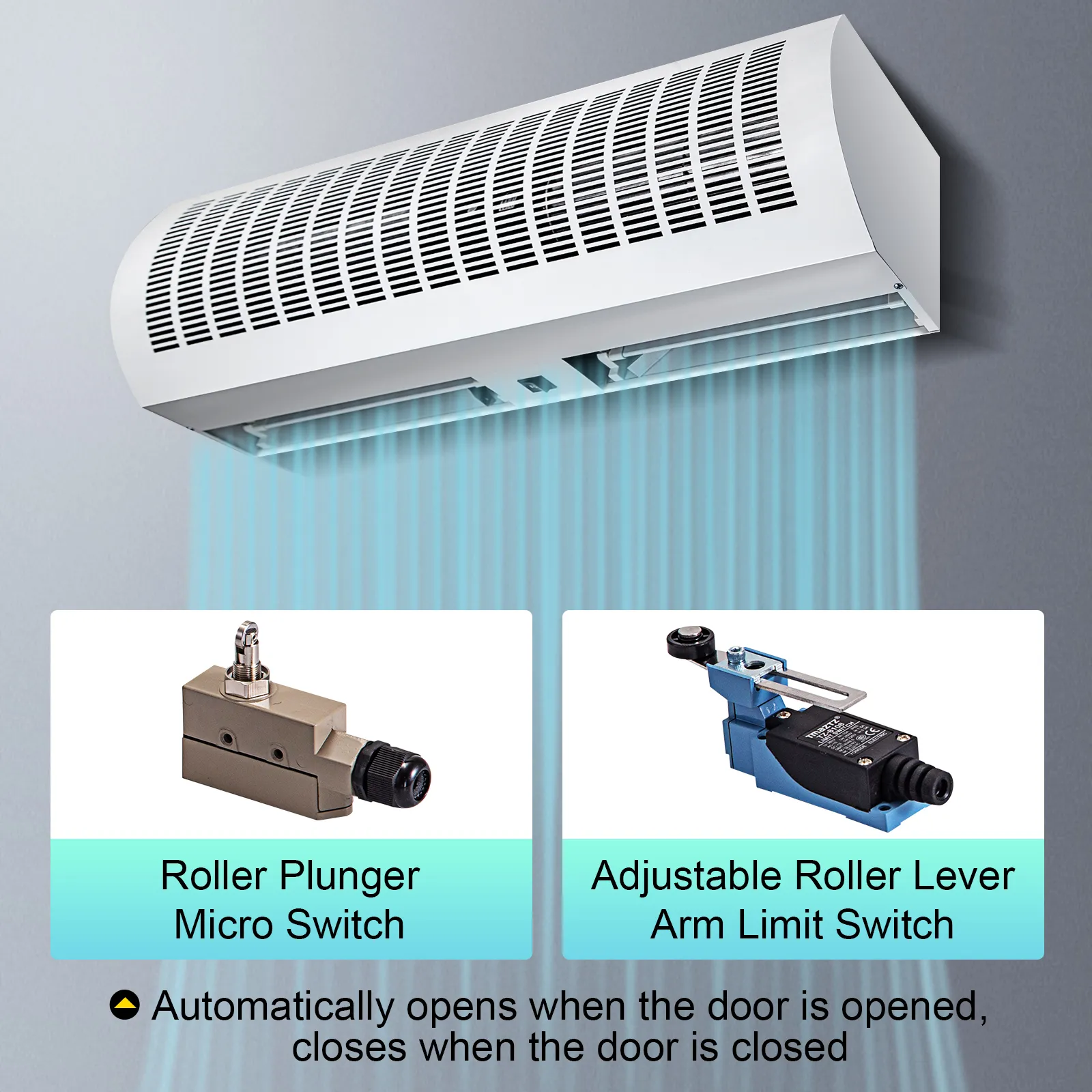Cortina de aire VEVOR con microinterruptor de émbolo de rodillo e interruptor de brazo de palanca de rodillo ajustable.