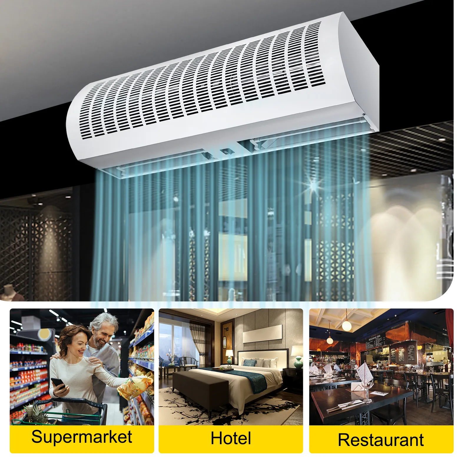 Cortina de aire VEVOR en supermercados, habitaciones de hotel y restaurantes para un uso versátil.