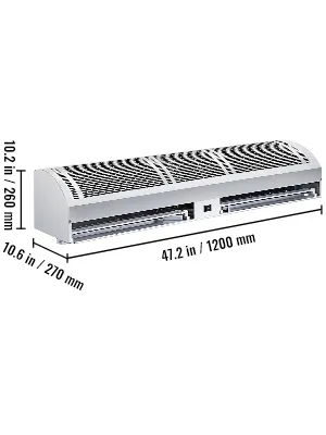 Cortina de aire VEVOR con dimensiones 10,2 x 10,6 x 41,2 pulgadas.