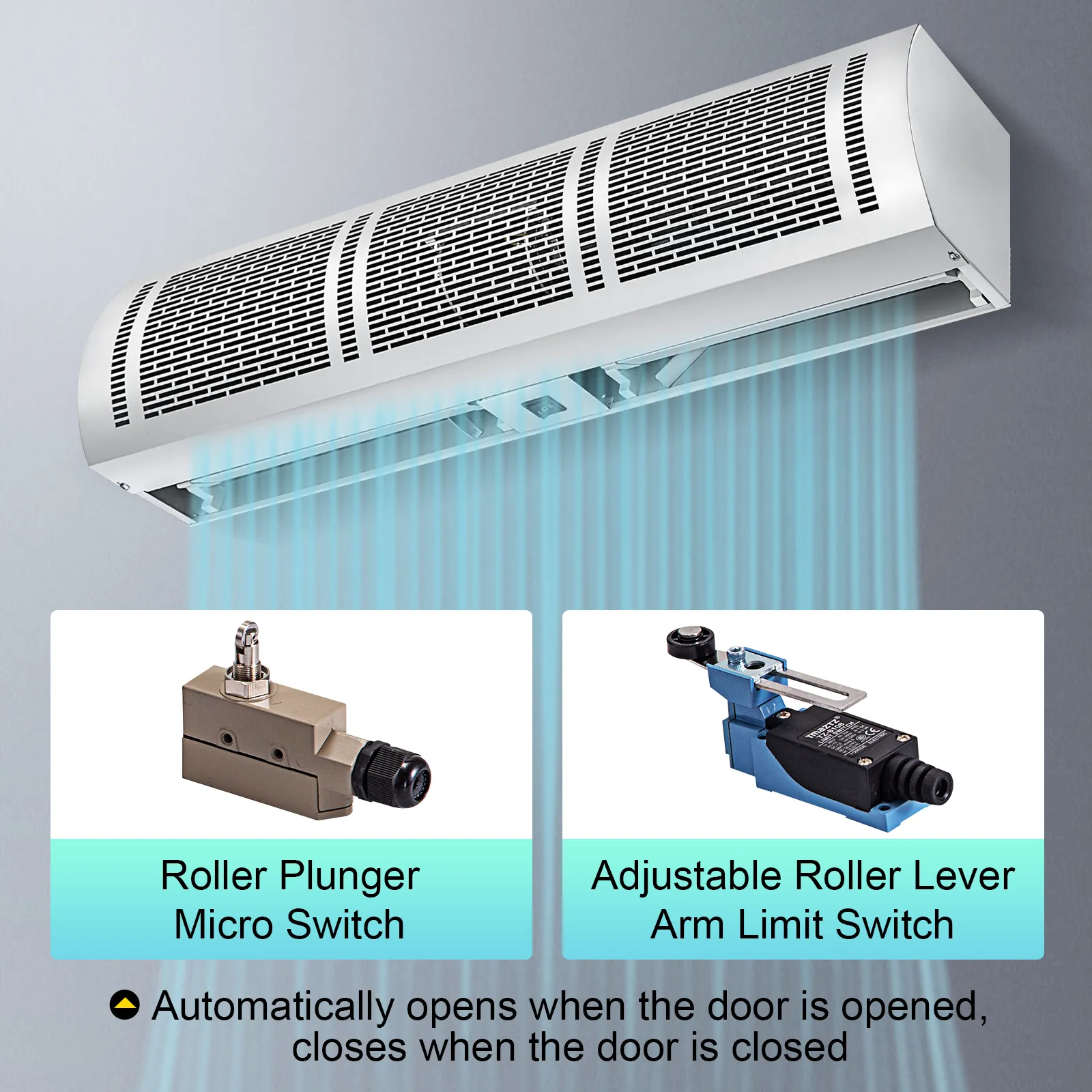 Cortina de aire VEVOR con microinterruptor de émbolo de rodillo y interruptor de límite de brazo de palanca de rodillo ajustable.