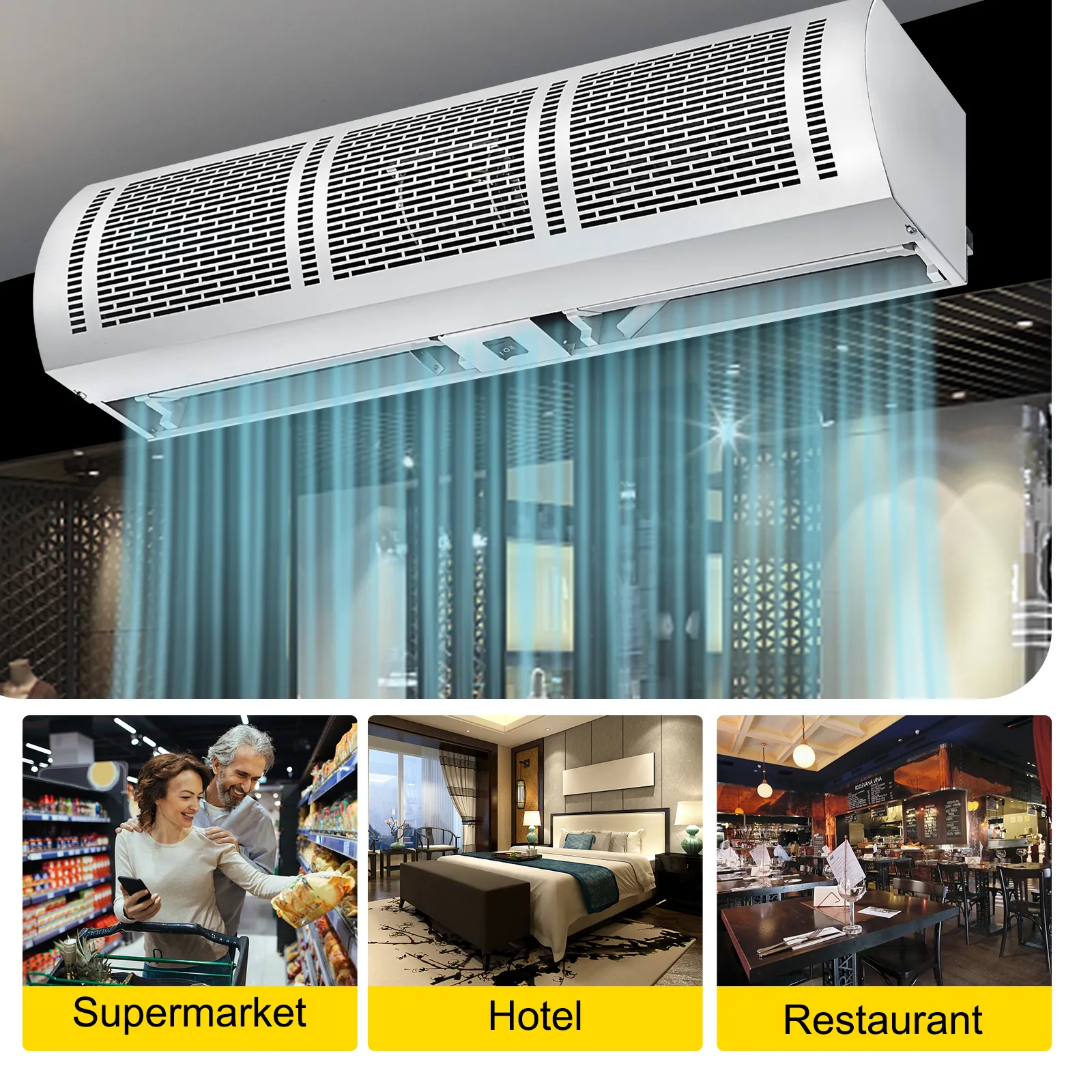 Cortina de aire VEVOR en un entorno minorista, destacando su uso en supermercados, hoteles y restaurantes.