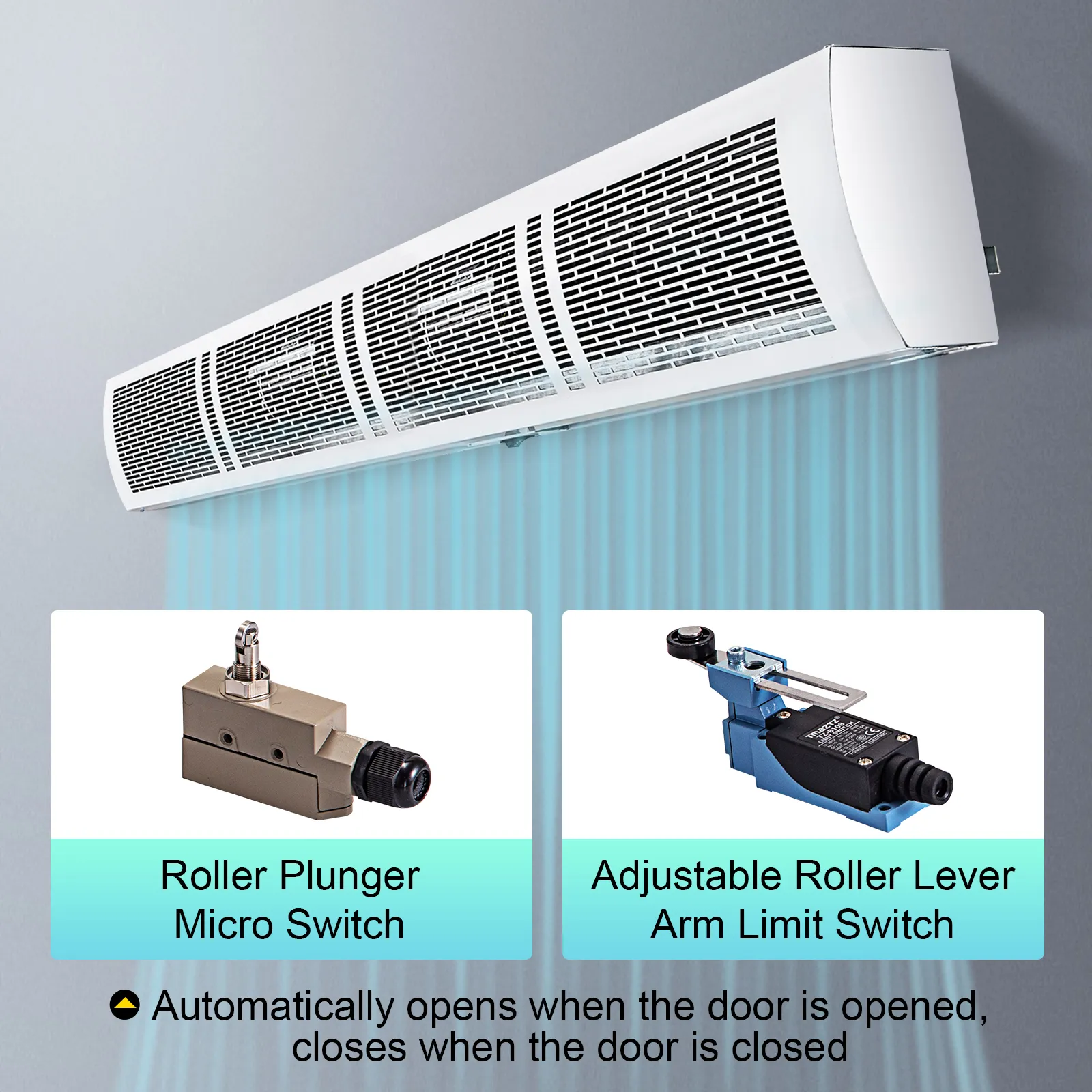 Cortina de aire VEVOR con microinterruptor de émbolo de rodillo e interruptor de brazo de palanca de rodillo ajustable.