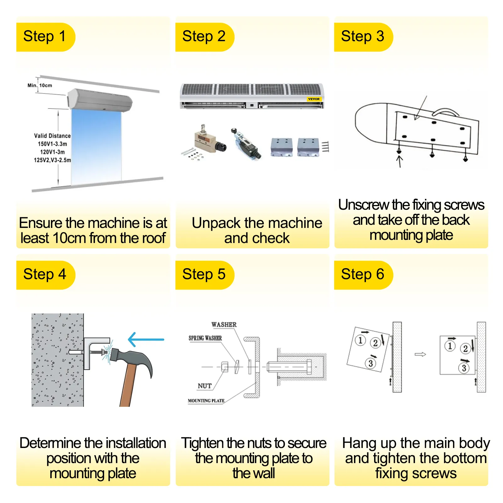Proceso de instalación de la cortina de aire VEVOR: posicionamiento, desembalaje, montaje, fijación.