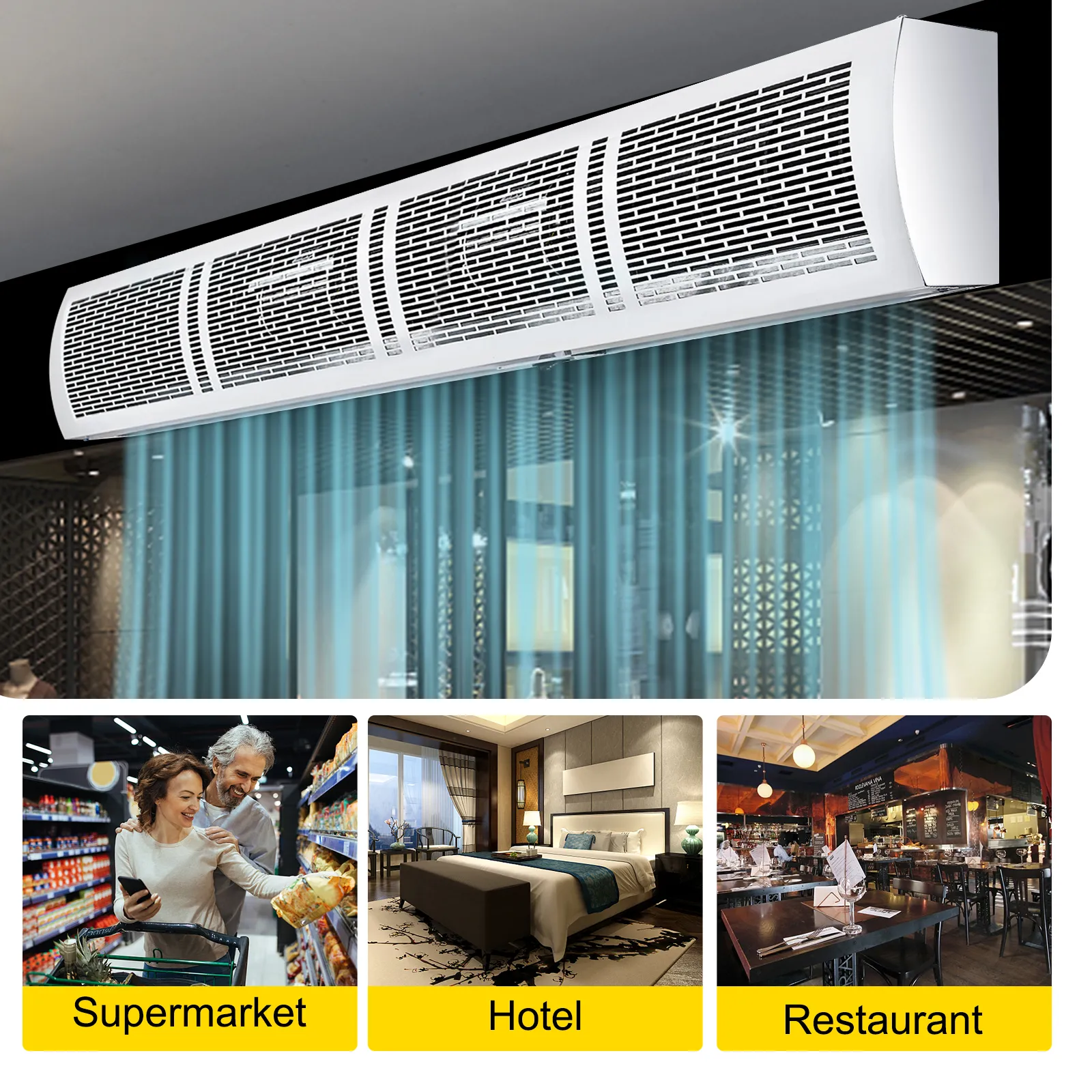 Cortina de aire VEVOR para supermercados, hoteles y restaurantes, proporcionando un control eficiente del aire.