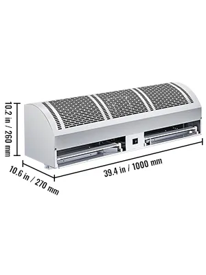 Cortina de aire VEVOR con dimensiones: 39,4 x 10,6 x 10,2 pulgadas.