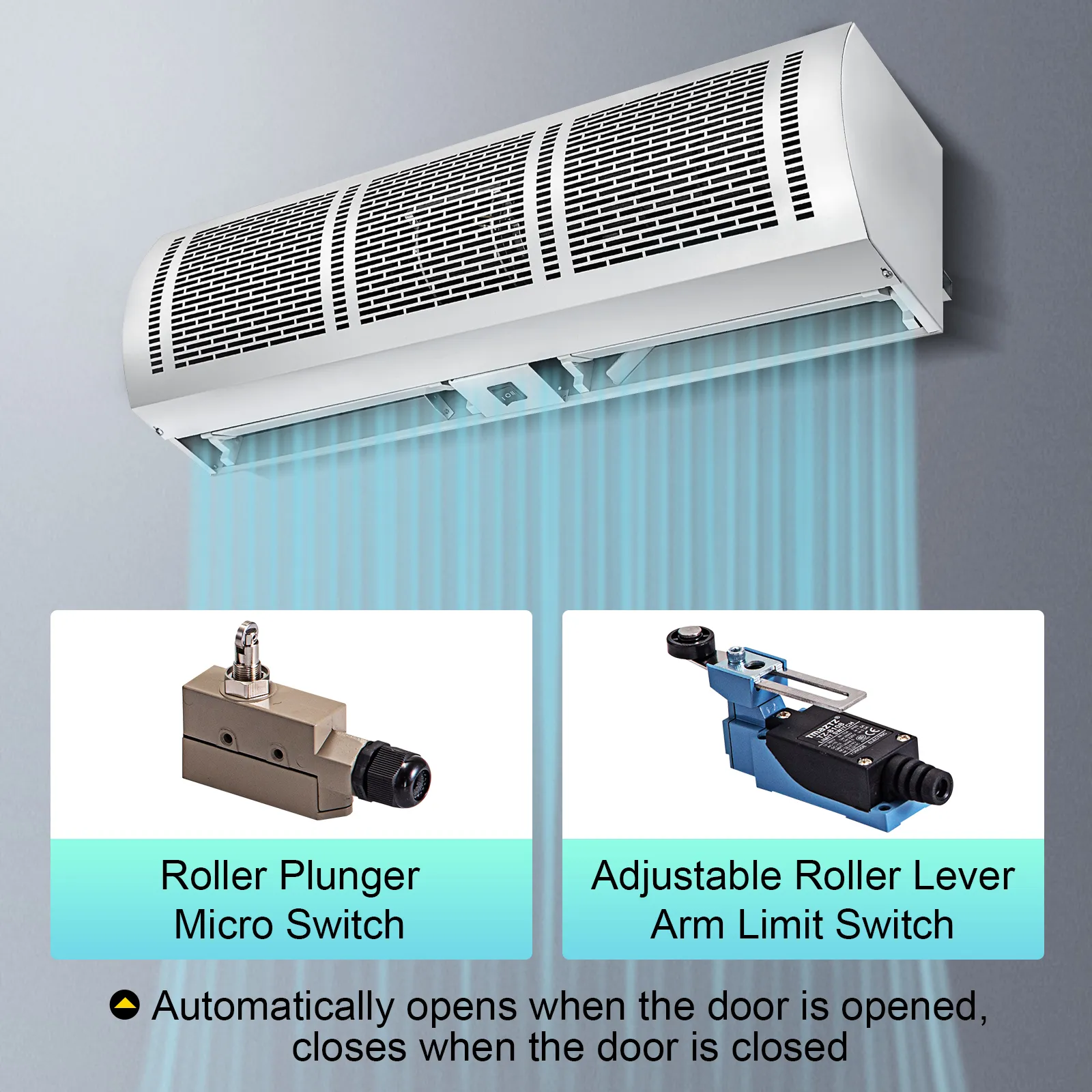 Cortina de aire VEVOR con microinterruptor de émbolo de rodillo y interruptor de límite de brazo de palanca de rodillo ajustable.