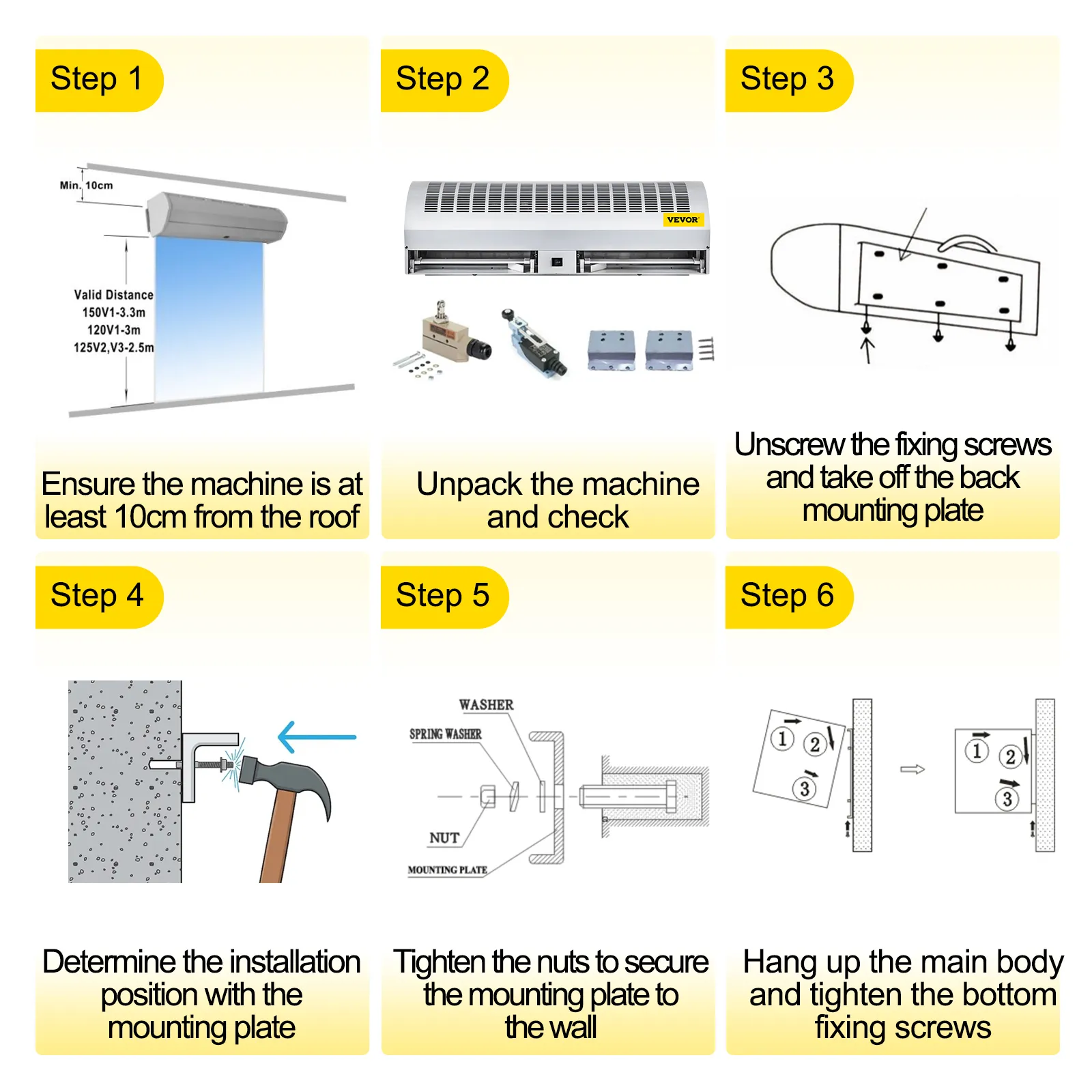 Pasos de instalación de la cortina de aire VEVOR desde el desembalaje hasta la fijación en la pared.