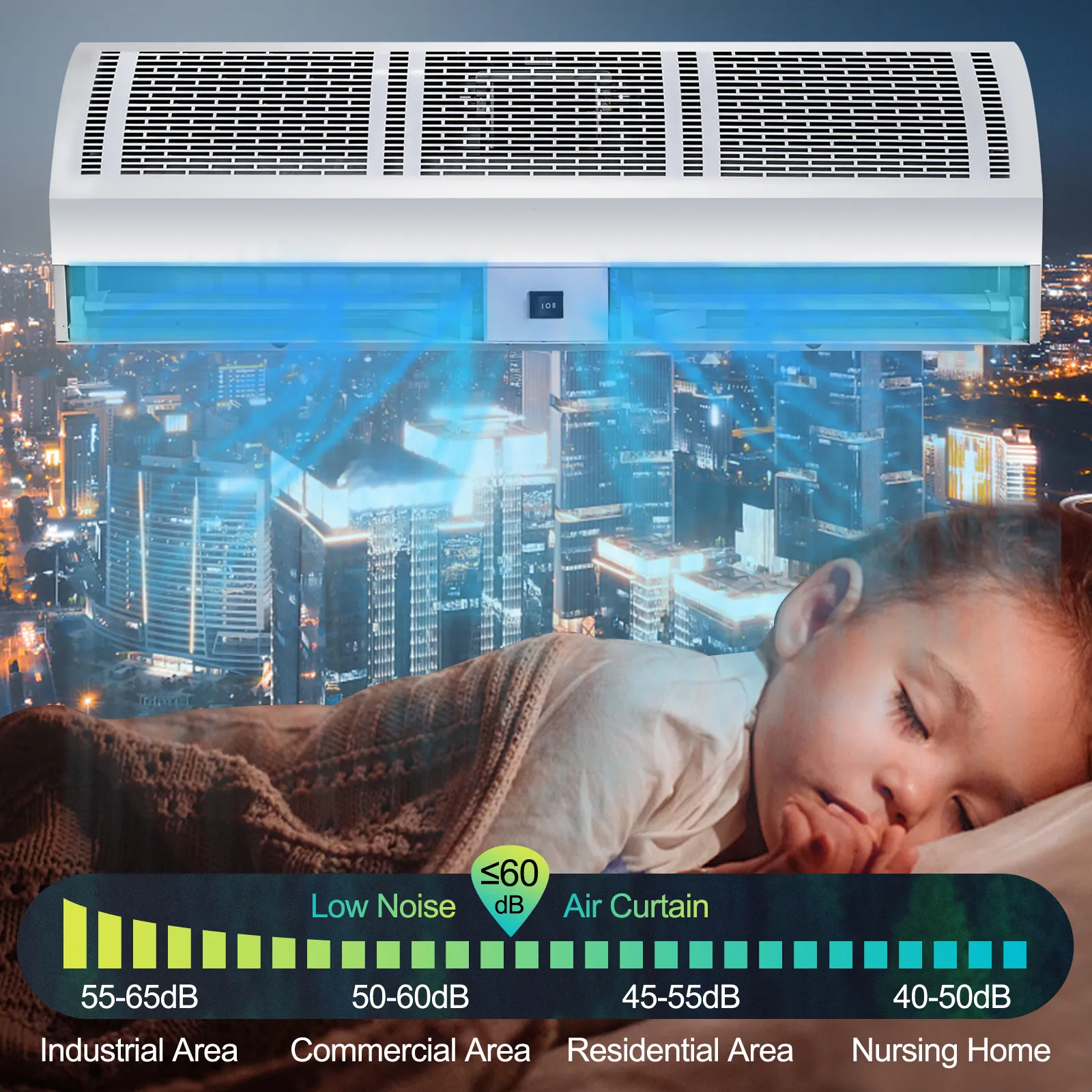 Cortina de aire VEVOR sobre el paisaje urbano y gráfico de niveles de ruido que muestra rangos de db.