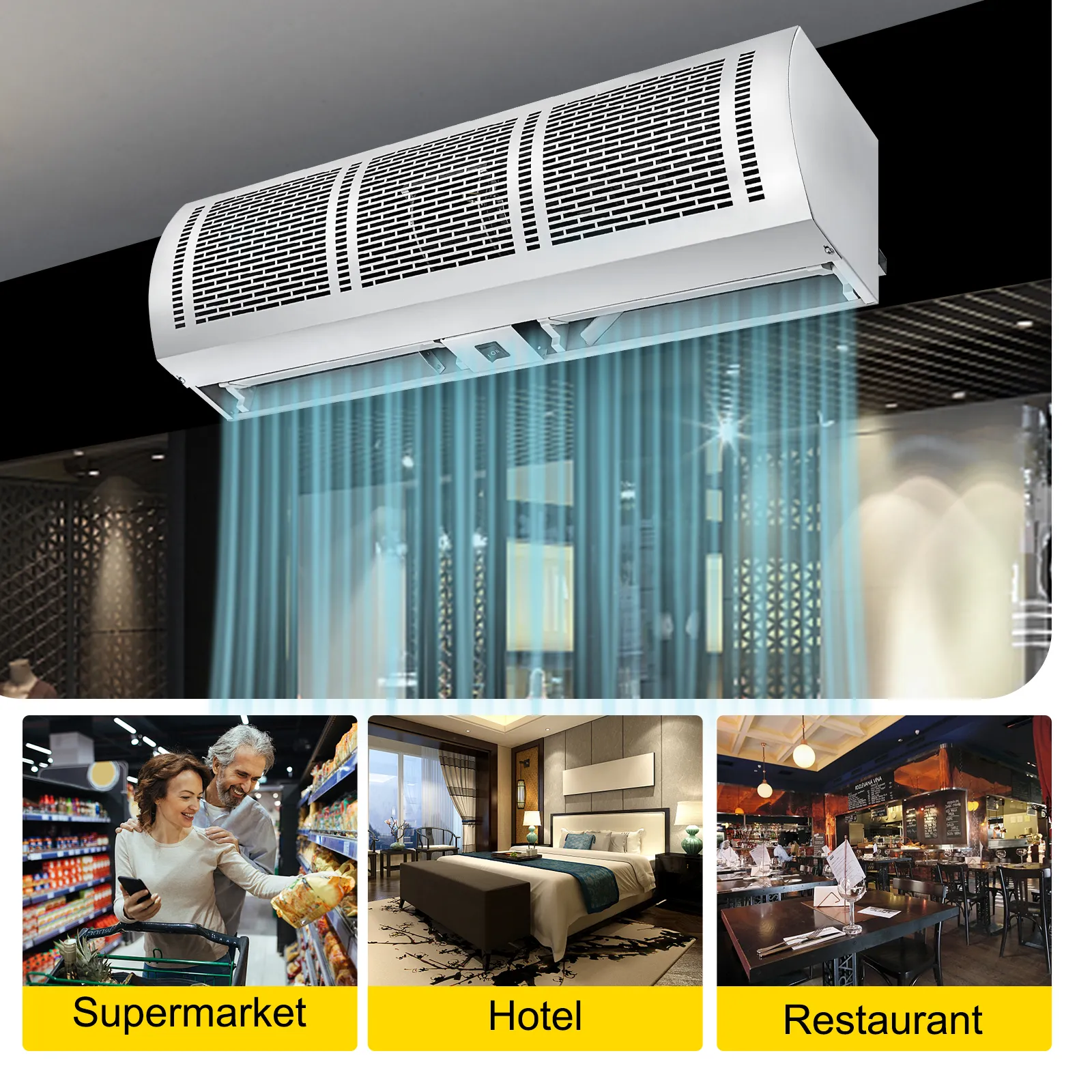 Cortina de aire VEVOR en supermercados, hoteles y restaurantes.