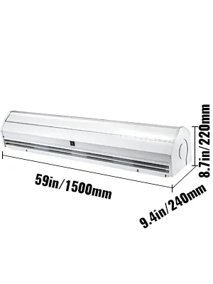 Cortina de aire VEVOR con dimensiones: 59 pulgadas/1500 mm de largo, 8,7 pulgadas/220 mm de alto, 9,4 pulgadas/240 mm de profundidad