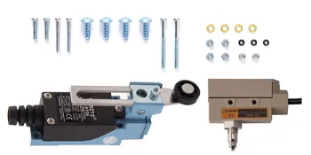 Componentes de cortina de aire VEVOR con tornillos, interruptores y conectores.