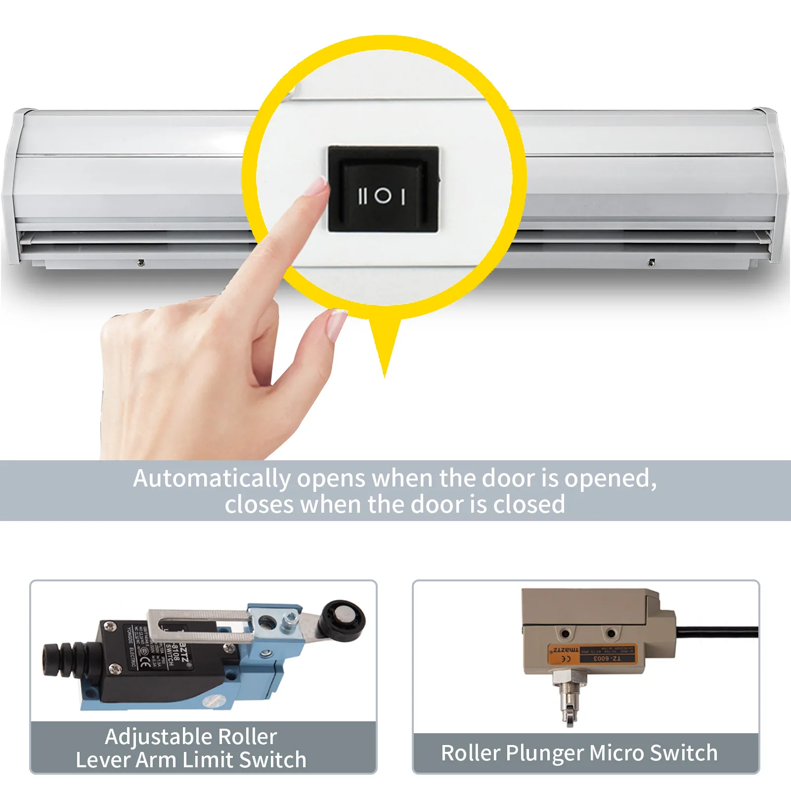 Cambio manual de la cortina de aire VEVOR, que muestra el límite del brazo de palanca y los microinterruptores del émbolo.