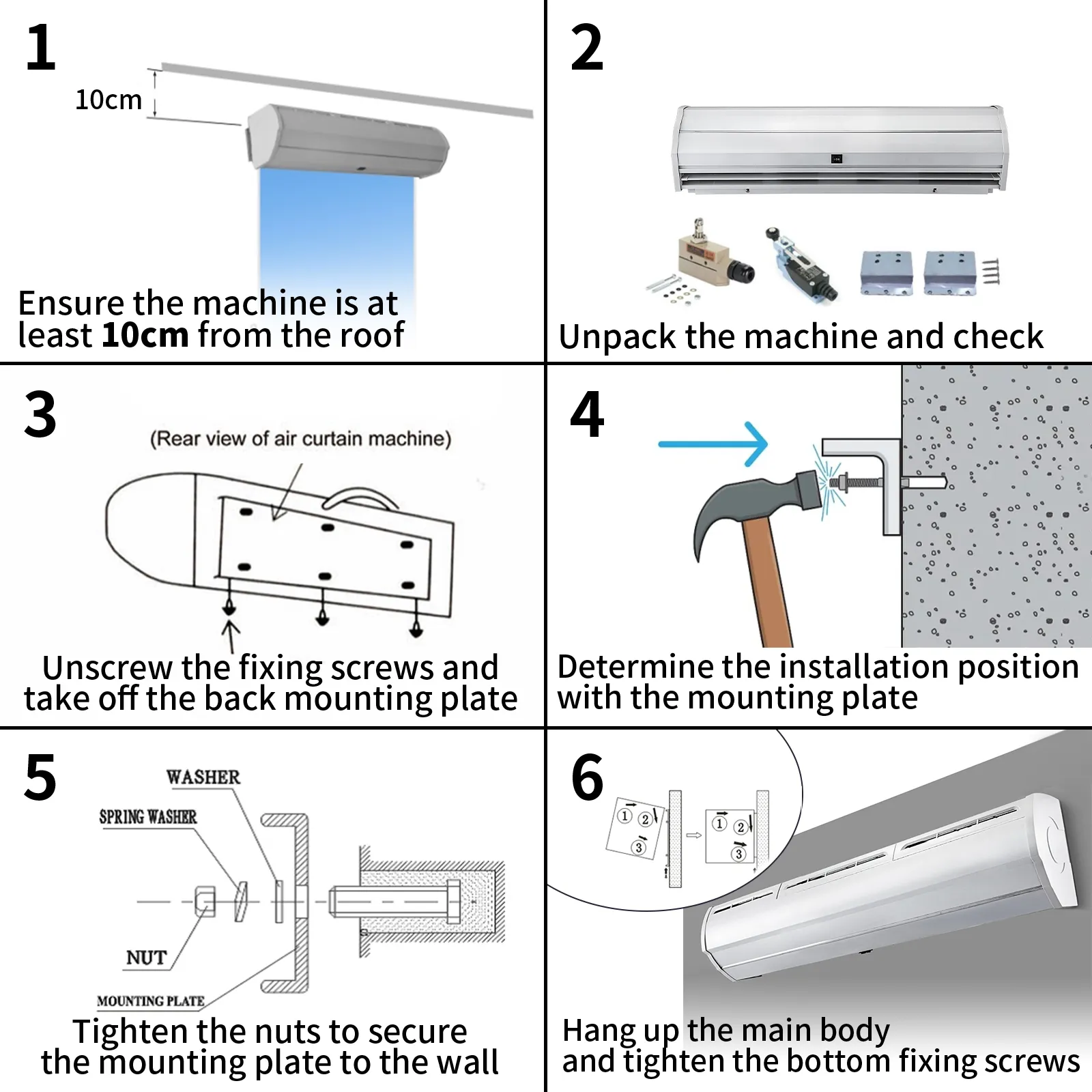 Guía de instalación de cortina de aire VEVOR que incluye pasos de montaje, posicionamiento y fijación.
