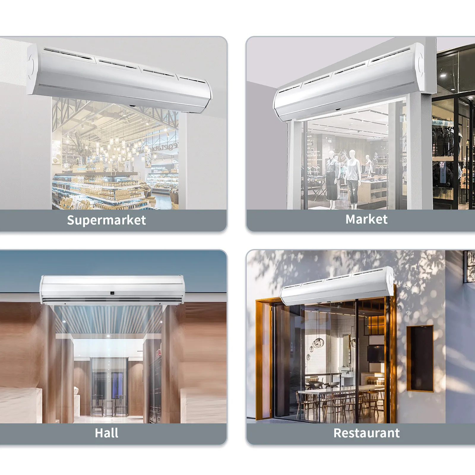 Cortina de aire VEVOR instalada en supermercados, mercados, salones y restaurantes.