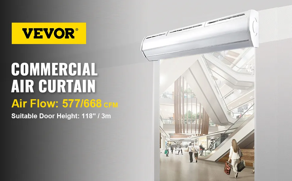 Cortina interior comercial VEVOR que muestra una cortina de aire en un centro comercial vibrante de varios niveles.