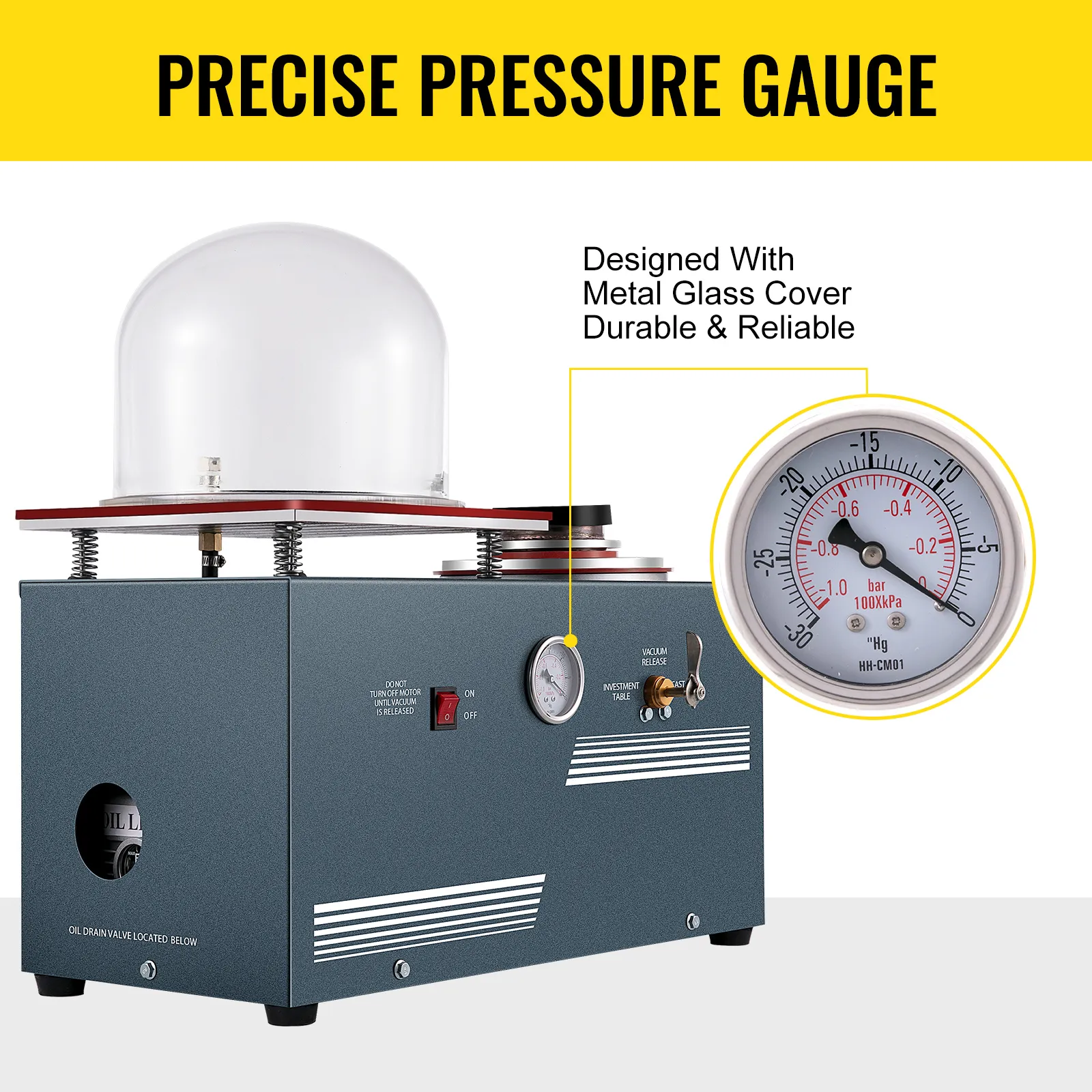 Máquina de fundición al vacío VEVOR con manómetro preciso y cubierta de vidrio metálico.