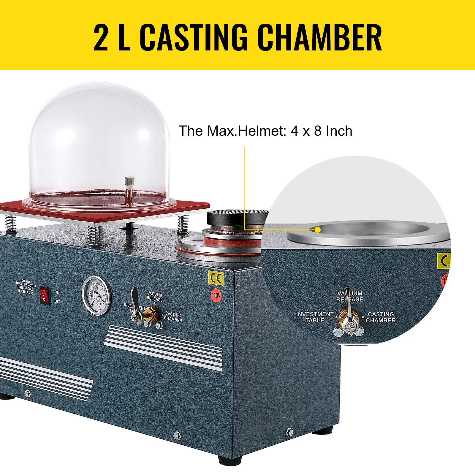 Máquina de fundición al vacío VEVOR con cámara de fundición de 2 l y capacidad máxima de casco de 4 x 8 pulgadas.