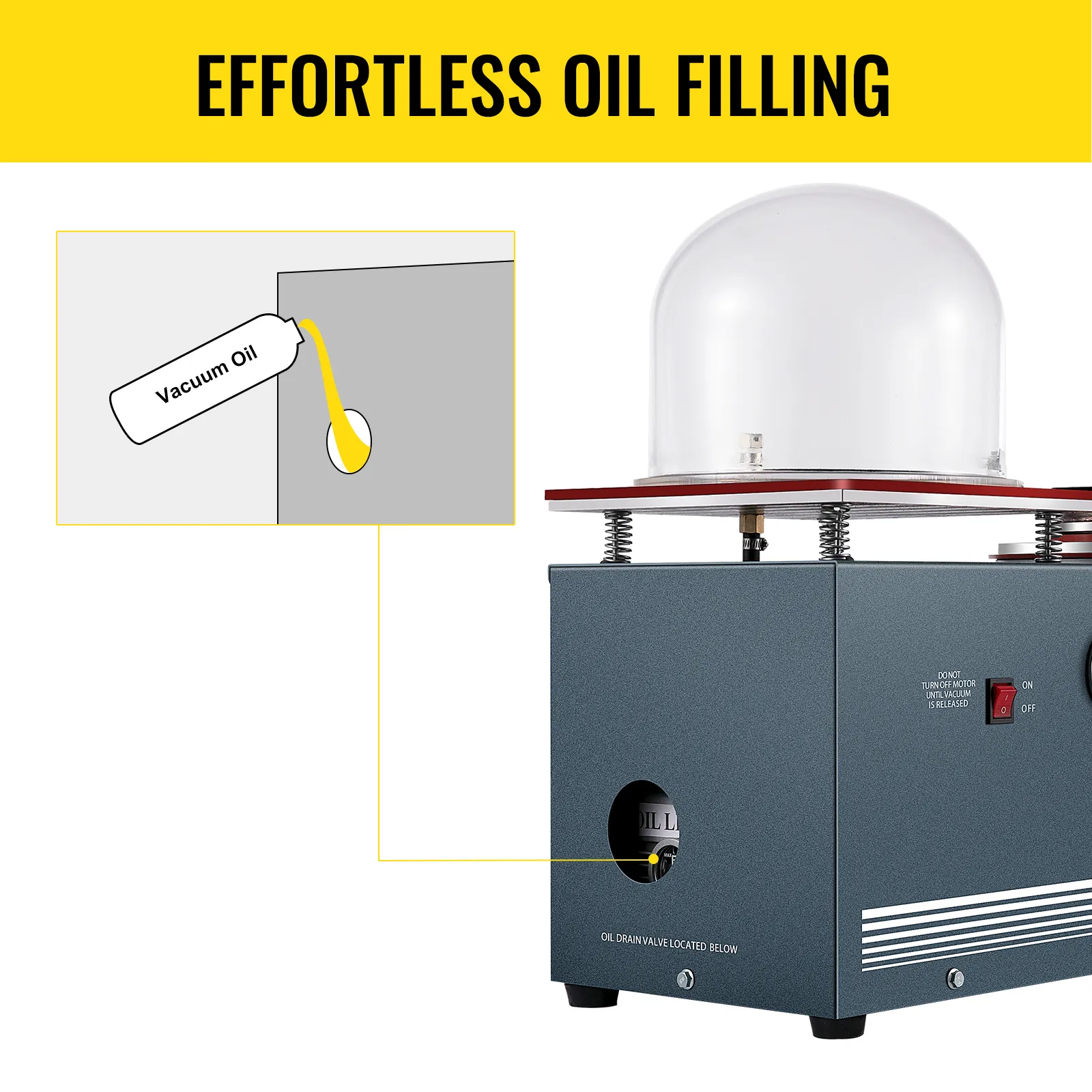 Llenado de aceite sin esfuerzo para la máquina de fundición al vacío VEVOR con botella de aceite al vacío incluida.