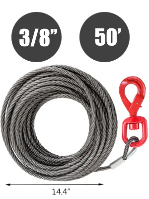 VEVOR winch cable, 3/8" diameter and 50' length with a red hook, 14.4" coiled size.