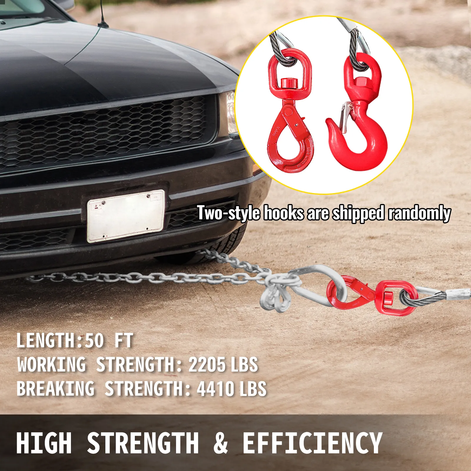 VEVOR winch cable hooked to a car front, 50 ft length, 2205 lbs strength.
