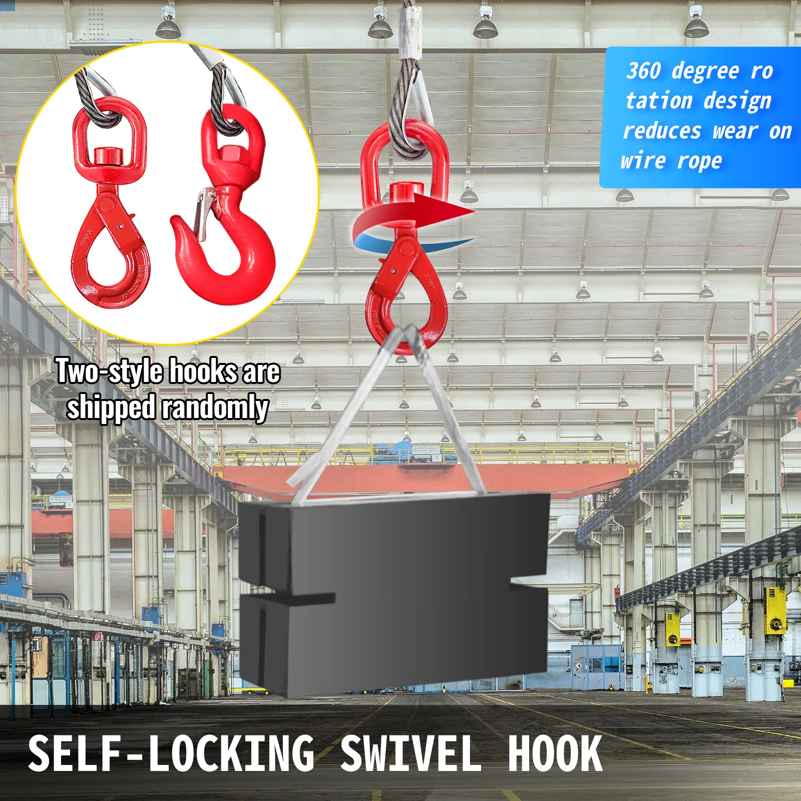VEVOR winch cable with self-locking swivel hook in an industrial setting.