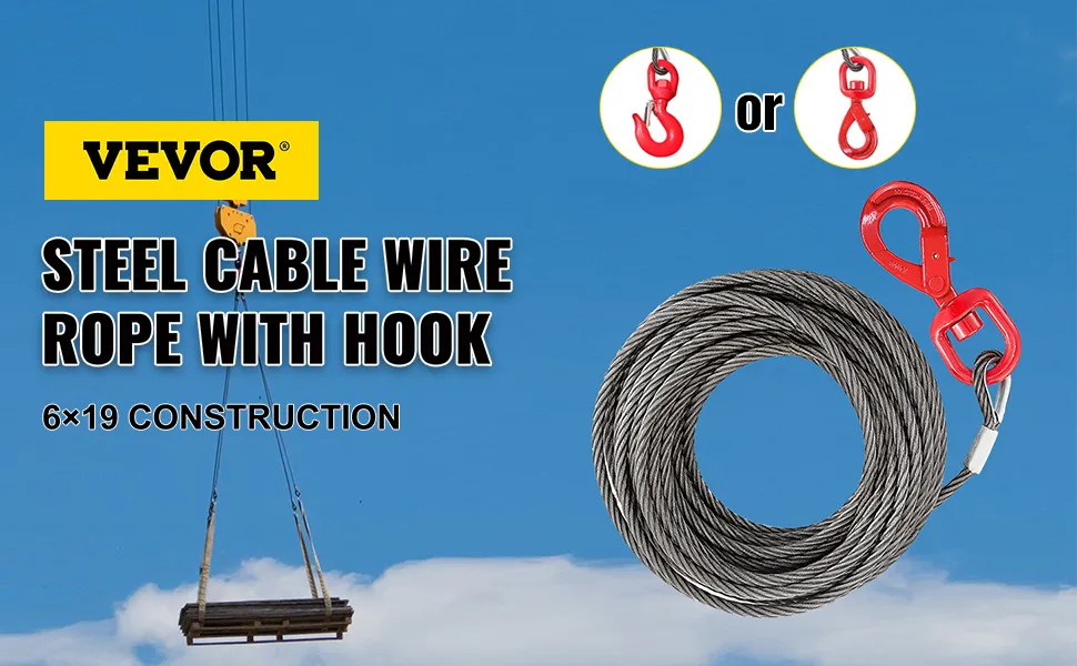 VEVOR winch cable, steel cable wire rope with hook, 6x19 construction against blue sky.