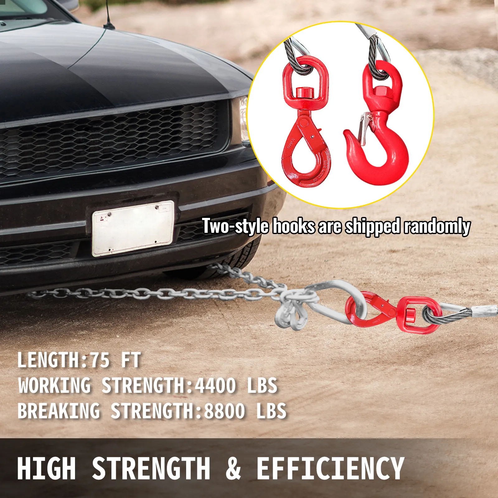 VEVOR winch cable towing car with red hooks, showing strength and efficiency specs.