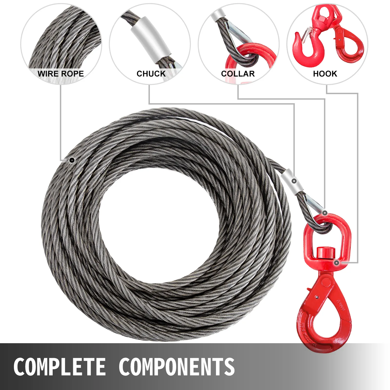 VEVOR winch cable with wire rope, chuck, collar, and red hook, complete components