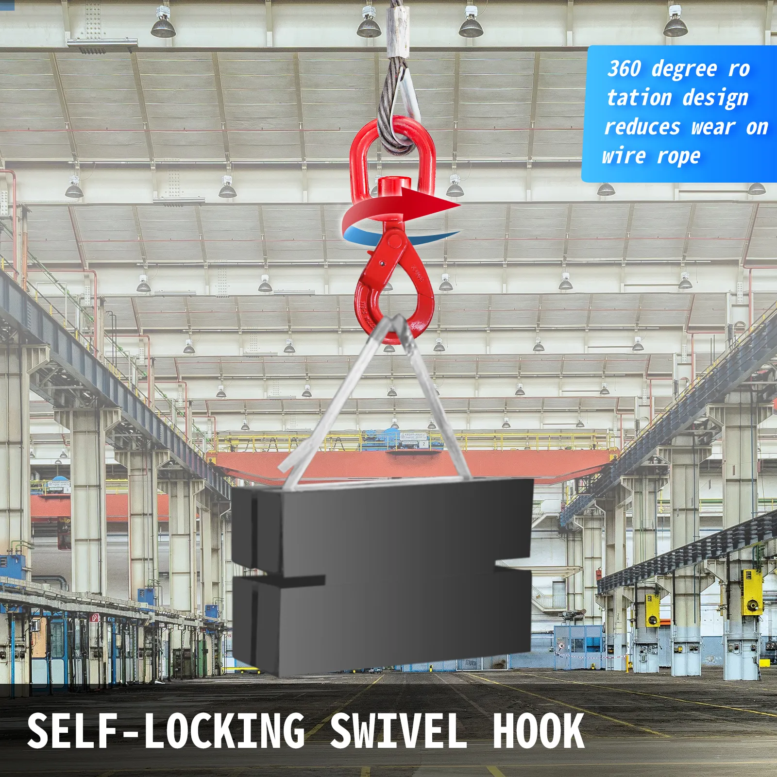 VEVOR winch cable with red self-locking swivel hook in an industrial warehouse.