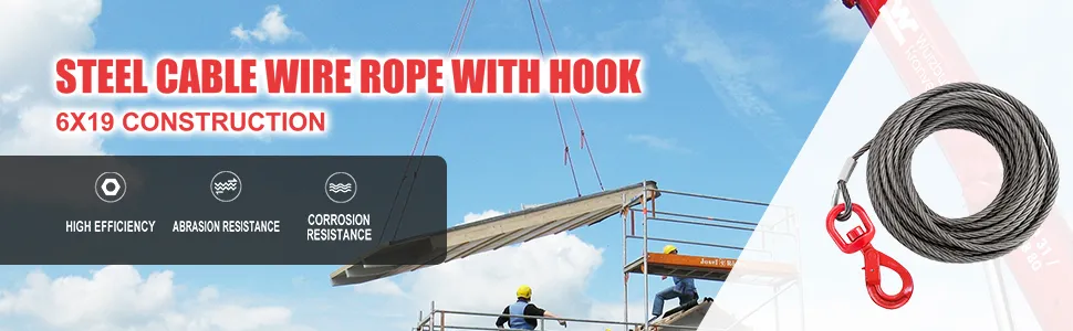 VEVOR galvanized steel winch cable lifting heavy load with hook and construction workers