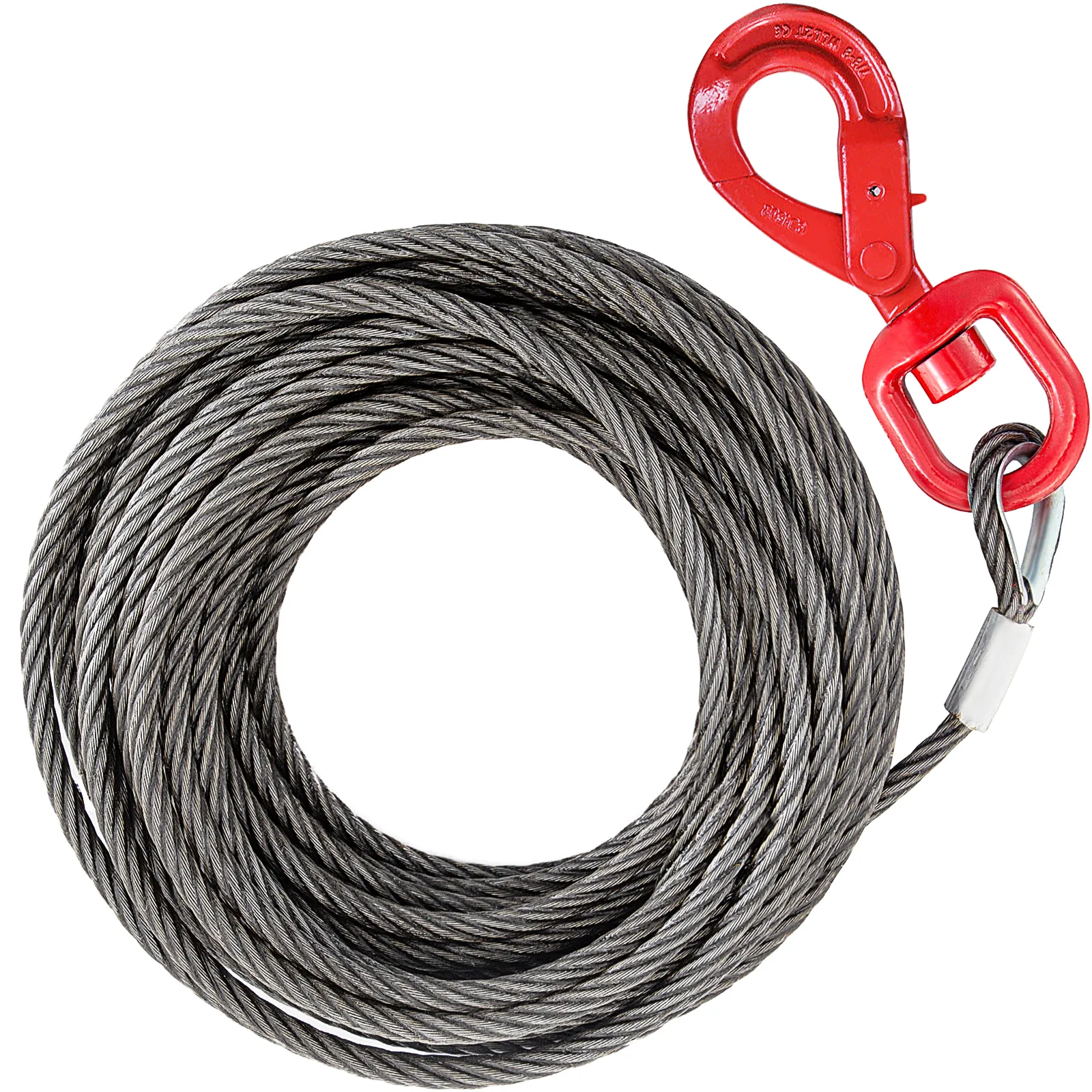 VEVOR galvanized steel winch cable with red hook coiled neatly