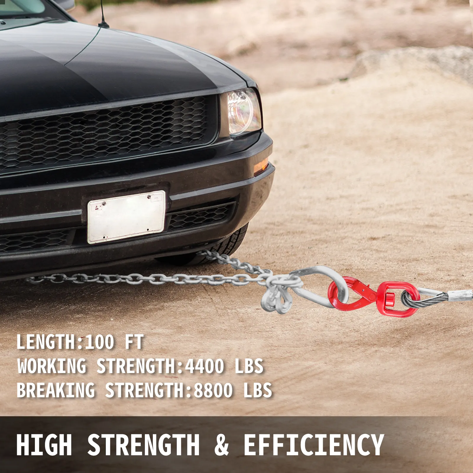 black car towing with VEVOR galvanized steel winch cable, displaying specs and strength.