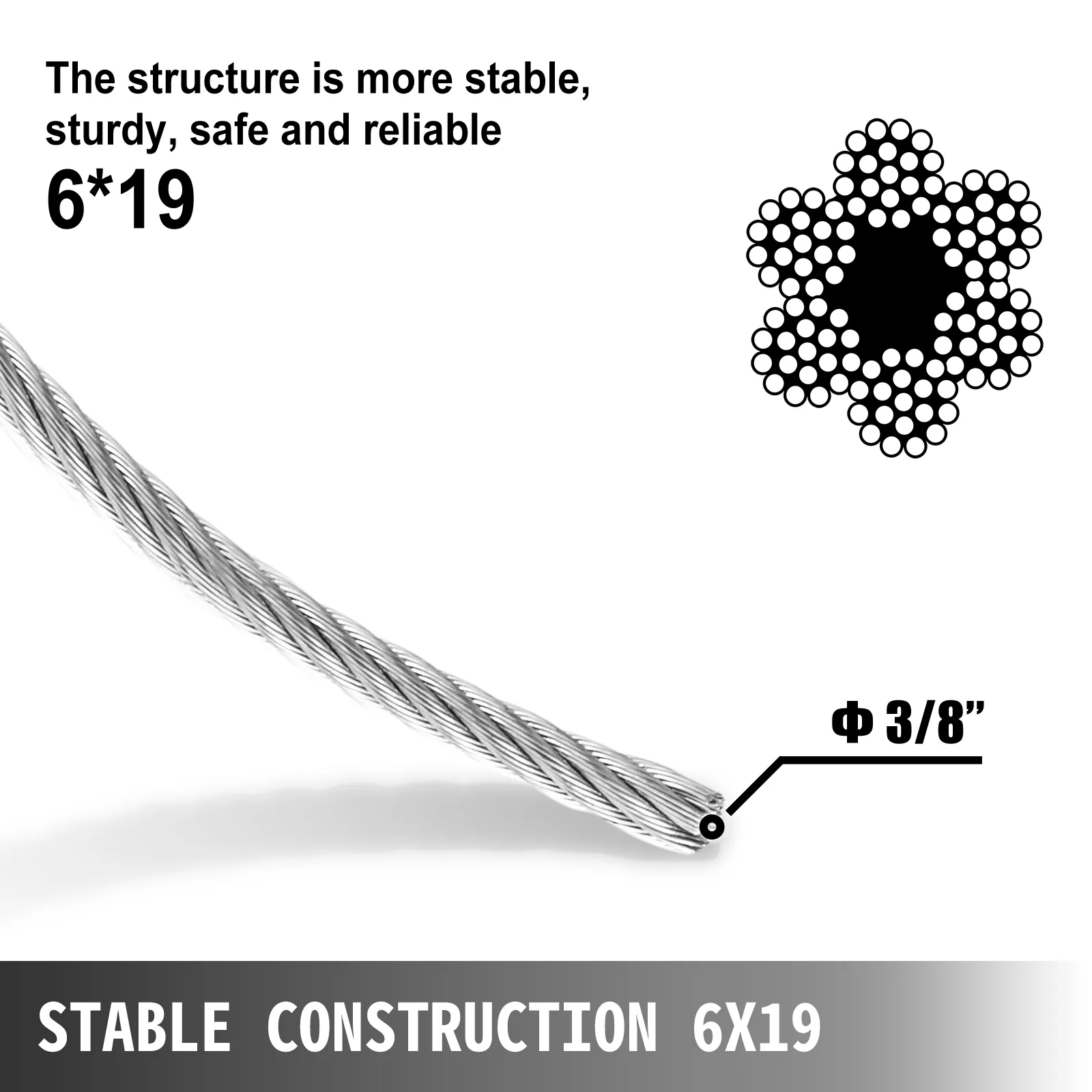 VEVOR galvanized steel winch cable, 3/8” diameter, stable construction 6x19.