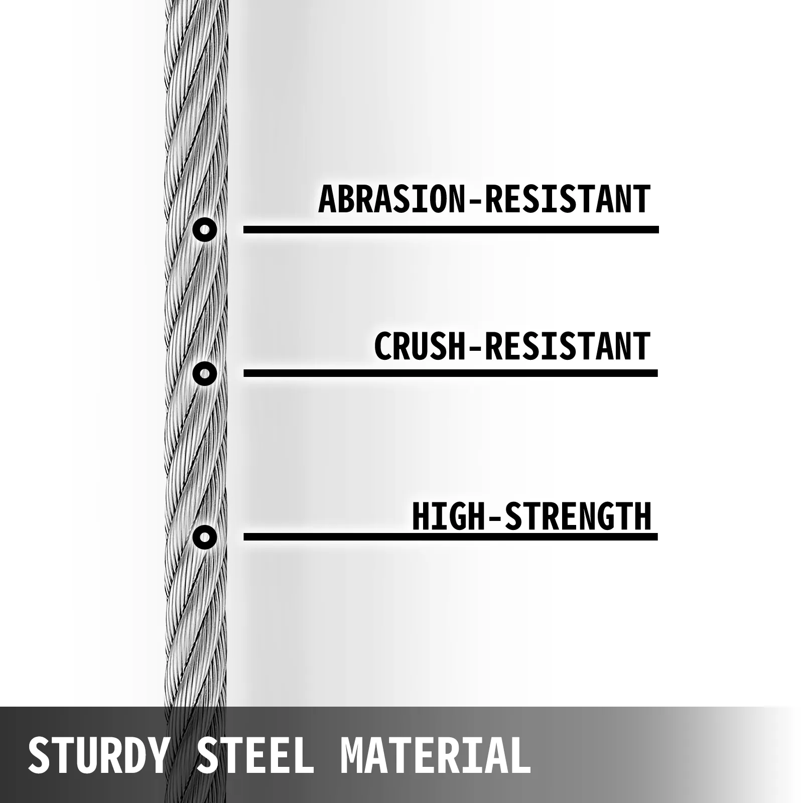 VEVOR galvanized steel winch cable; abrasion-resistant, crush-resistant, high-strength.