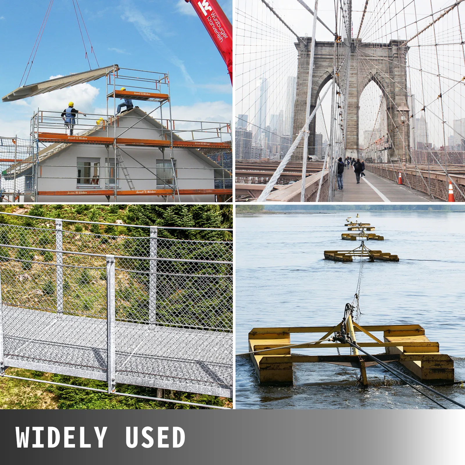 VEVOR galvanized steel winch cable used in construction, bridges, fencing, and water towing.
