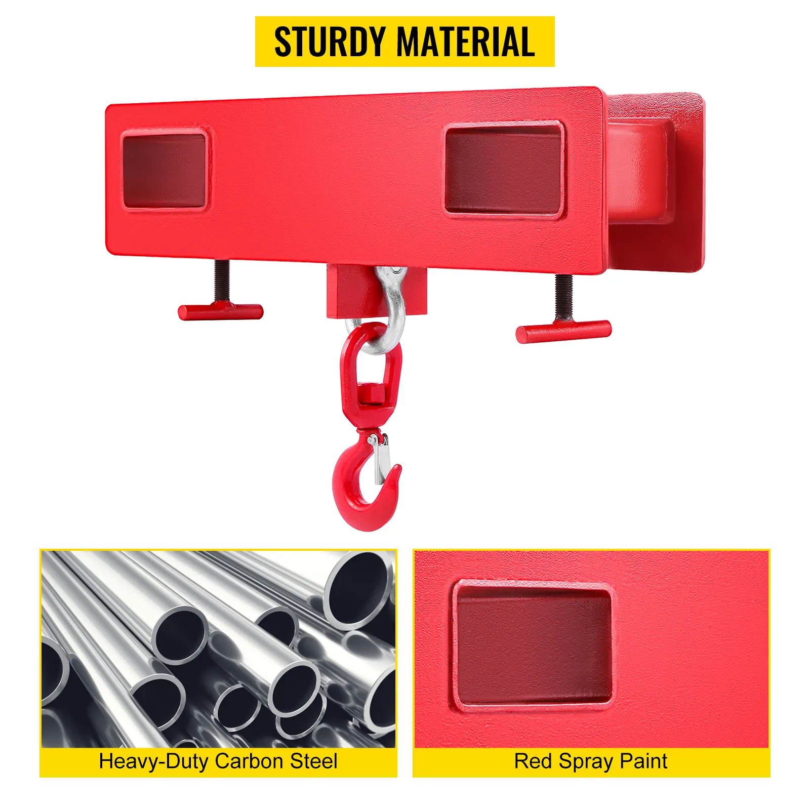 VEVOR forklift lifting hook with sturdy material, heavy-duty carbon steel, red spray paint.