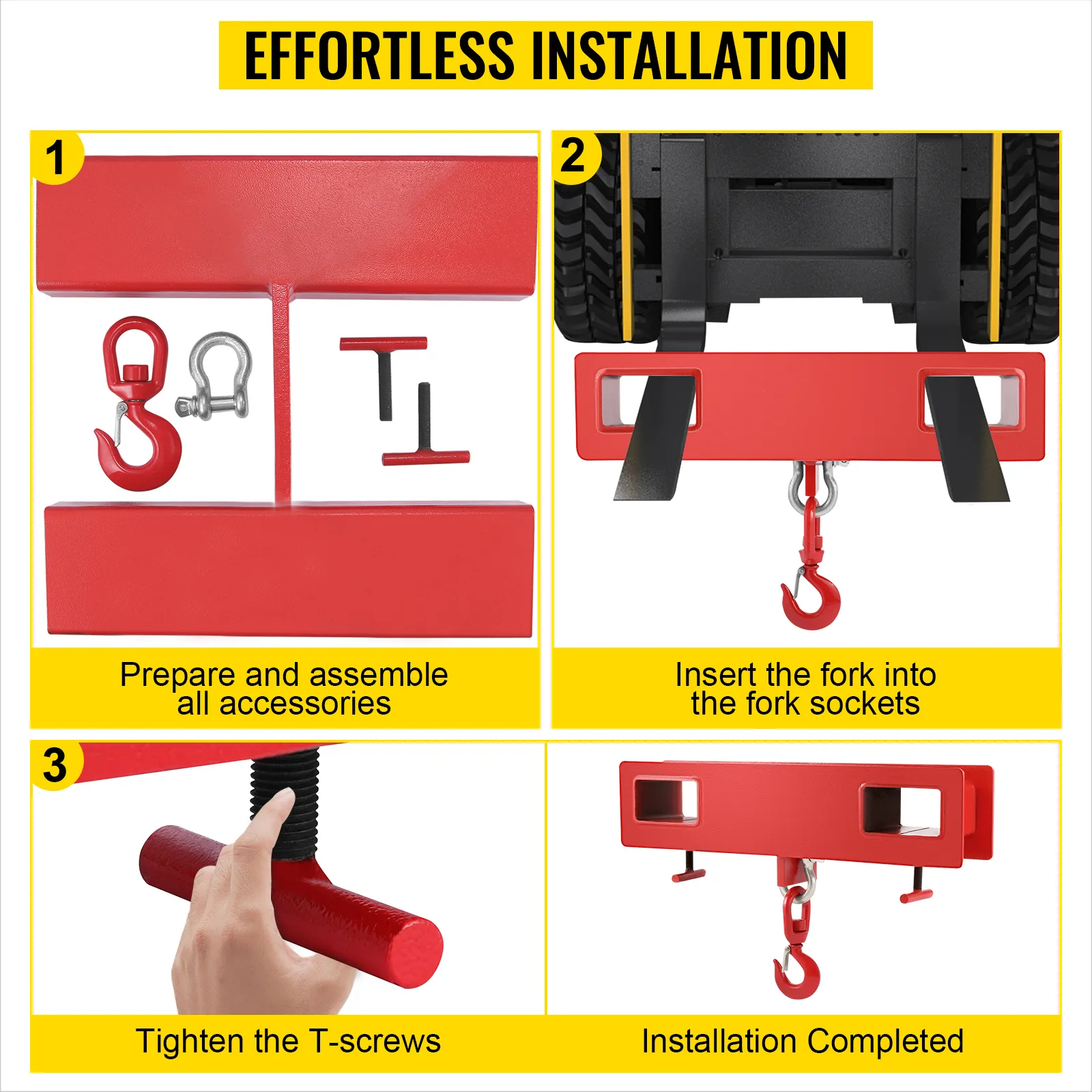 effortless installation guide for the VEVOR forklift lifting hook in four easy steps.