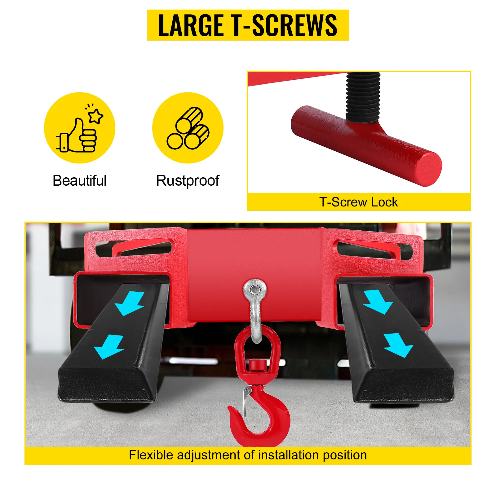 VEVOR forklift lifting hook with large t-screws for adjustable installation positions.