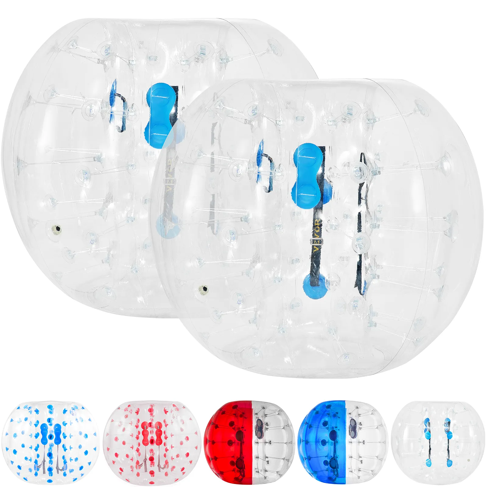 Pelotas de parachoques inflables dobles transparentes VEVOR con variantes azul, roja y multicolor.