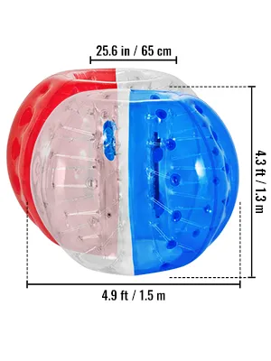 Pelota de parachoques inflable VEVOR con secciones rojas, azules y transparentes y dimensiones de tamaño.
