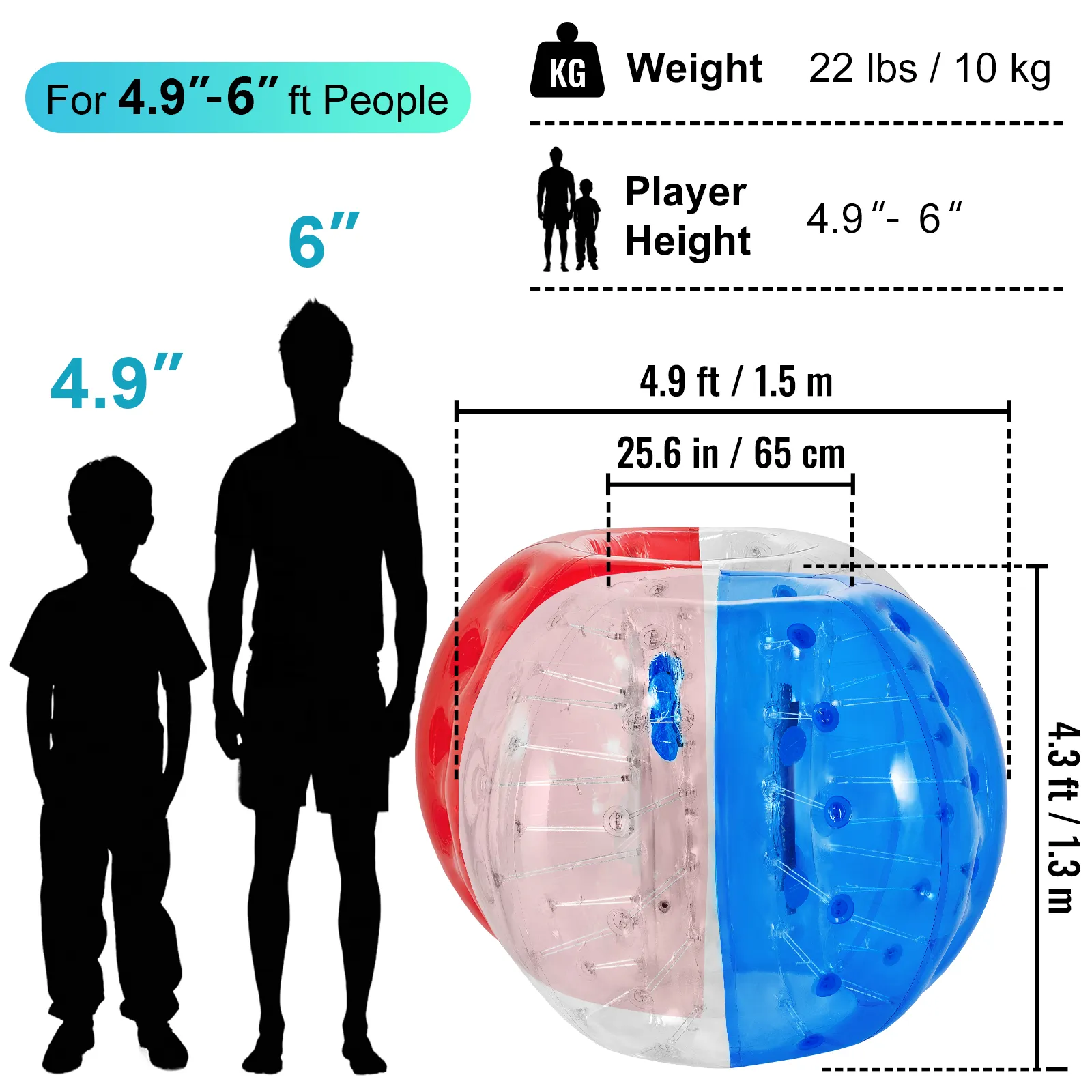 Pelota de choque inflable VEVOR para personas de 4,9 a 6 pulgadas, 4,9 pies de diámetro, 22 libras.