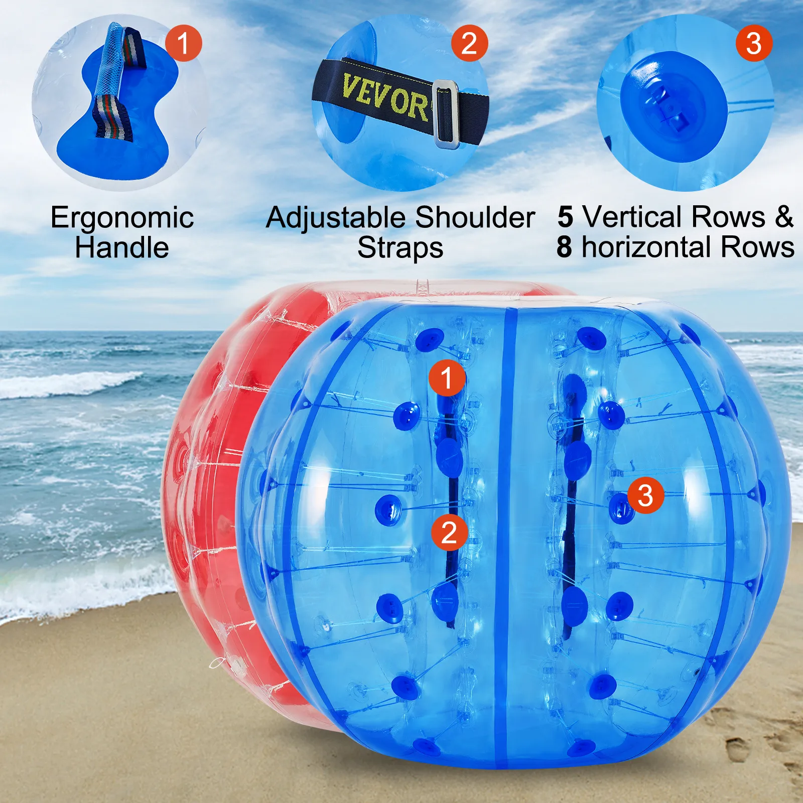 Pelota de choque inflable VEVOR con mango ergonómico y correas de hombro ajustables en la playa.
