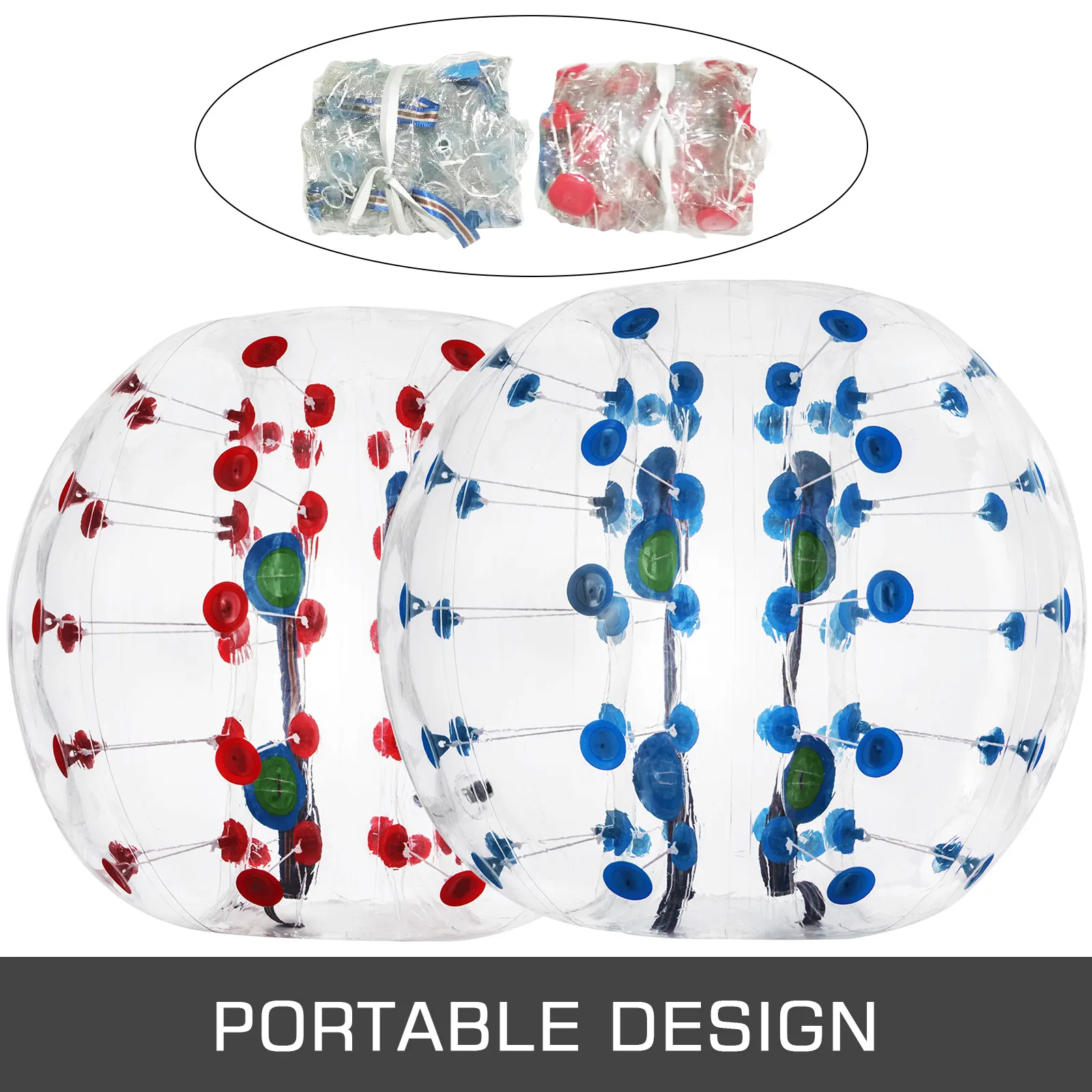 Juego de pelota de parachoques inflable VEVOR con diseños en rojo y azul y etiquetado como "diseño portátil".