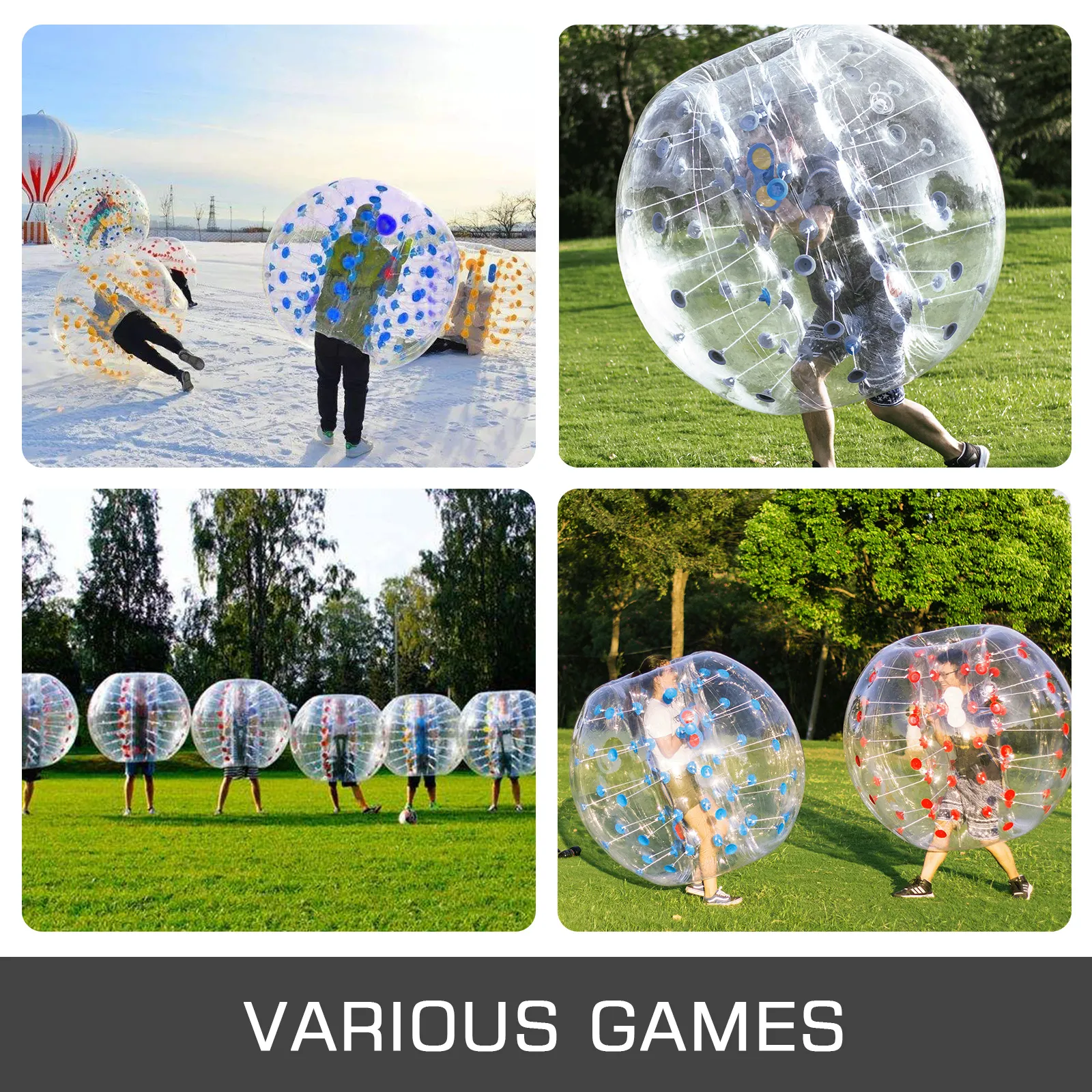 Personas disfrutando de actividades al aire libre con la pelota de parachoques inflable VEVOR en diferentes entornos.