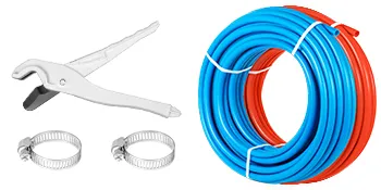 Kit de tubos PEX con tubos PEX VEVOR azules y rojos, abrazaderas de metal y un cortador blanco.