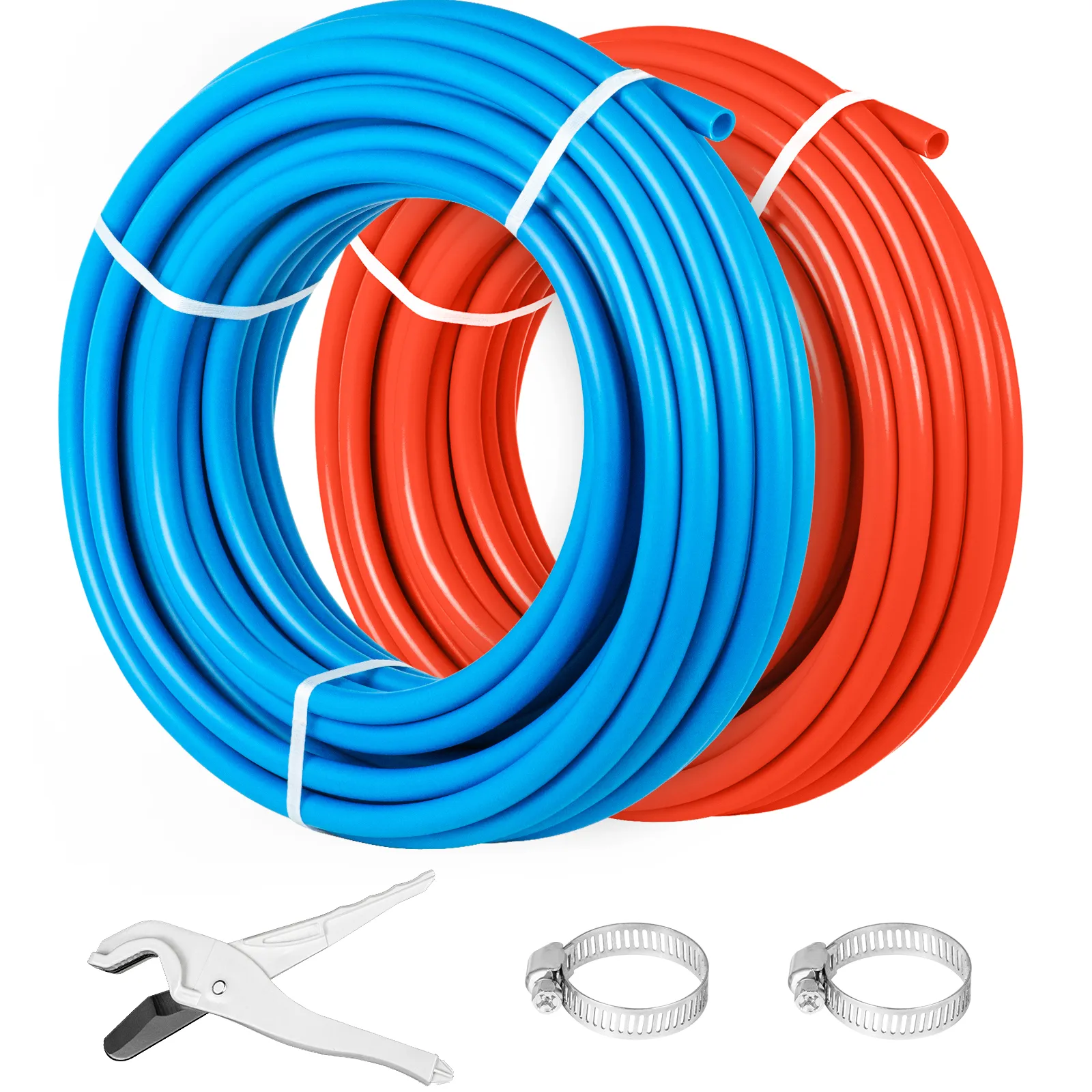 Tubo pex VEVOR en color azul y rojo, con cortatubos y abrazaderas metálicas incluidas.